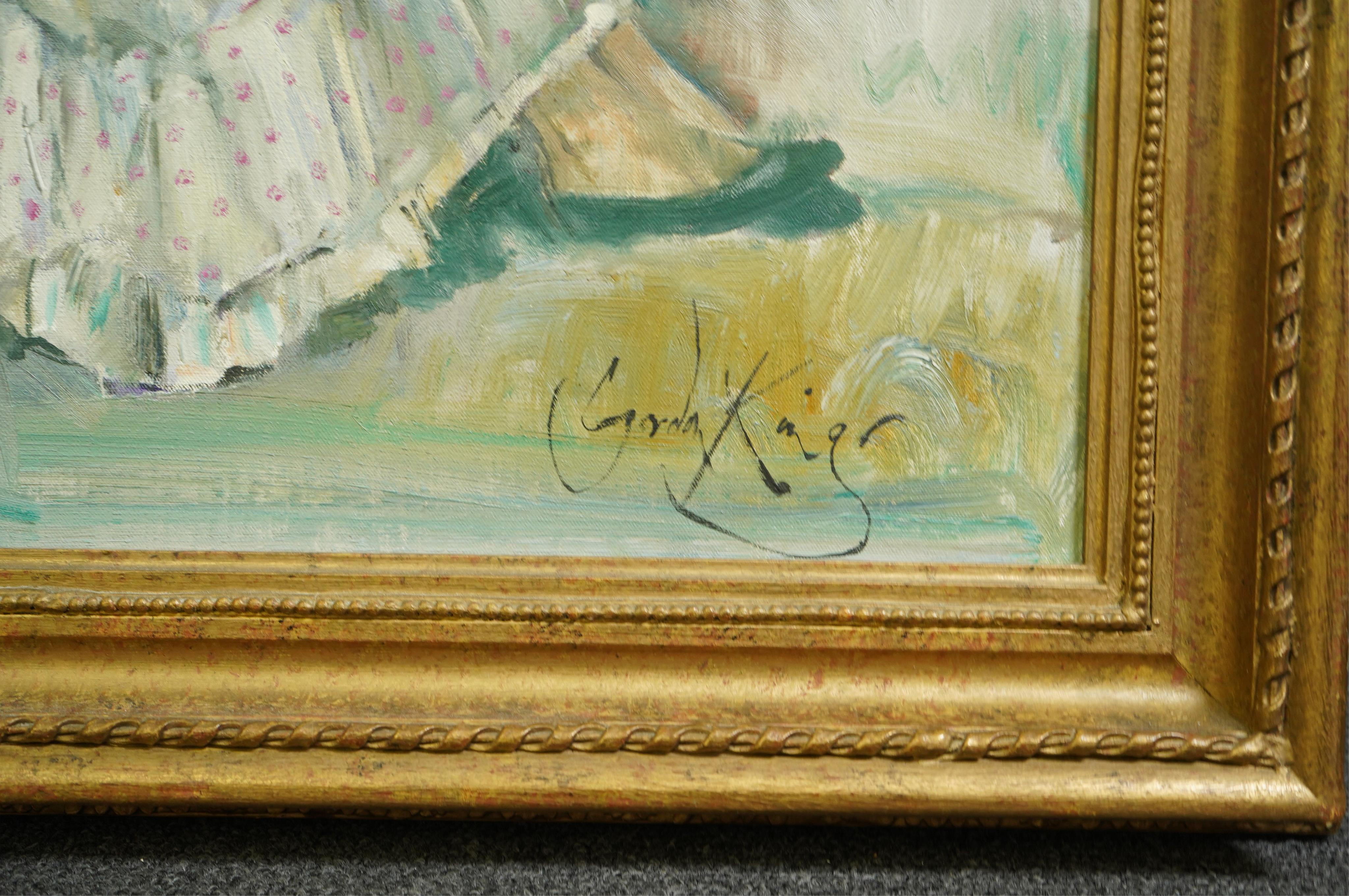 Gordon King (English, 1939-2022), oil on canvas, Young woman seated in a white dress, signed, 49 x 59cm. Condition - good